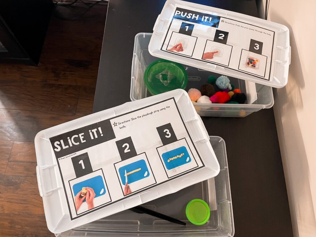 "slice it" and "push it" fine motor centers that utilize play dough