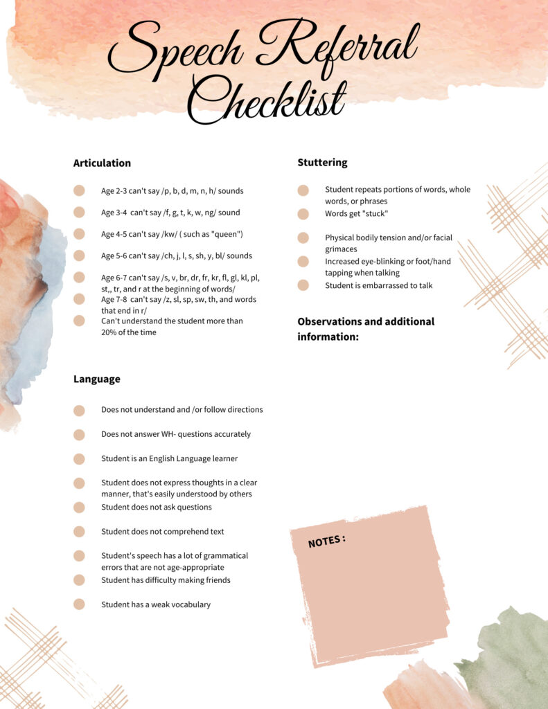 This is an image of a speech referral checklist