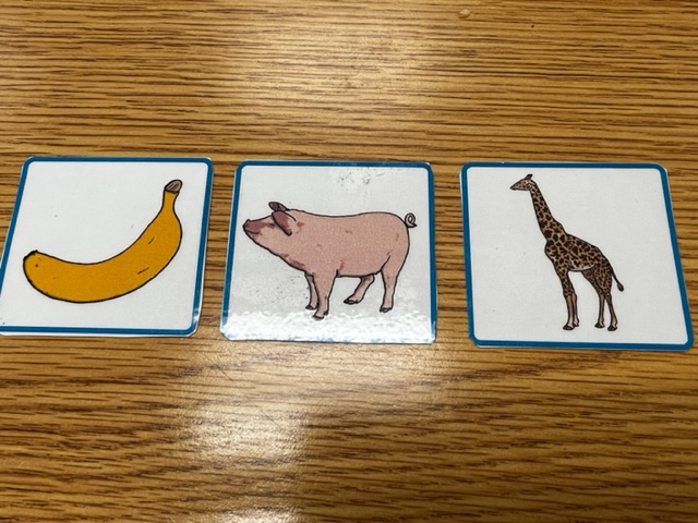 This is a picture of picture cards of banana, pig, and giraffe for a receptive language goal.