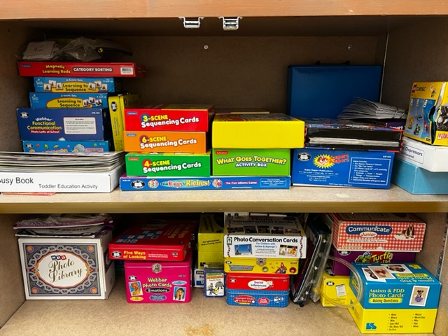 This is an image of speech materials on shelves.