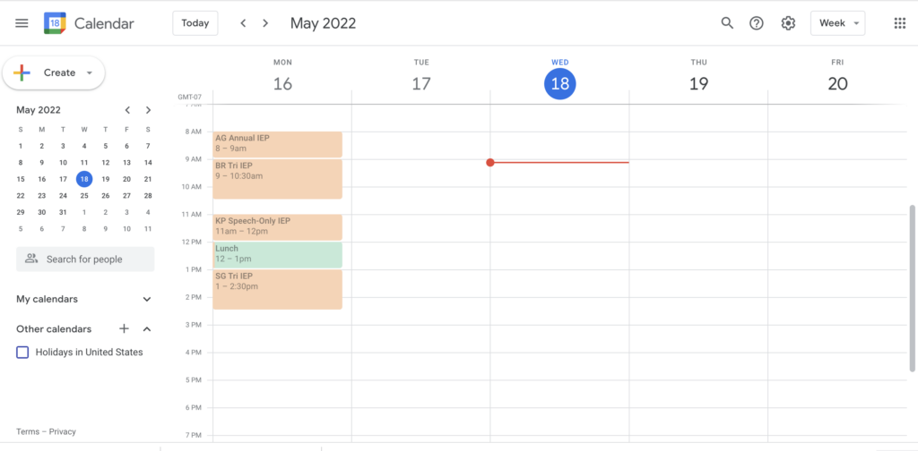 This is an image of a google calendar with IEPs scheduled