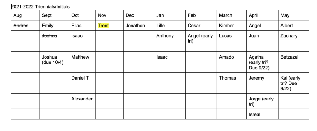 This is a caseload of students and which month their triennial reviews are due.