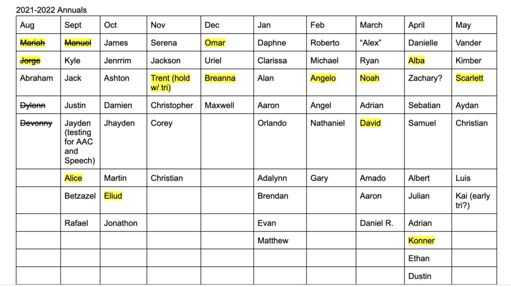 This is a caseload of students and months in which their annual IEPs are due. 
