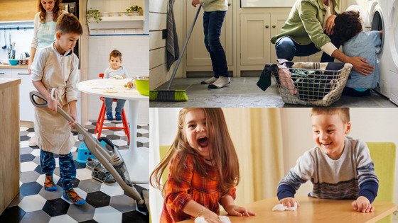 Three pictures of children doing chores around the house that promote crossing midline: child vacuuming, child using a push broom, child putting laundry from a basket behind her into the washer with support of her father, and two young children wiping the table with rags smiling 