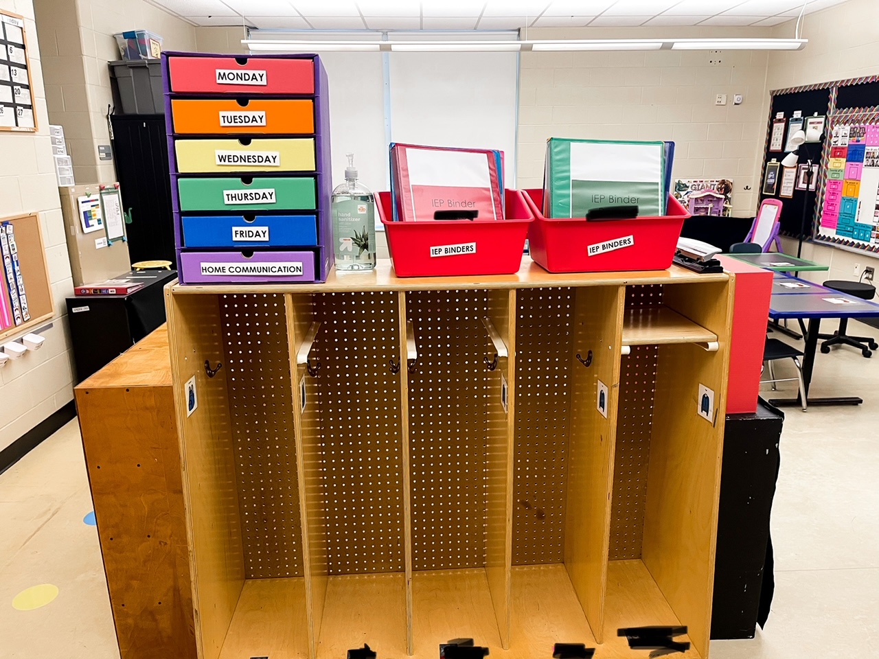 classroom mailbox and bins to organize daily materials