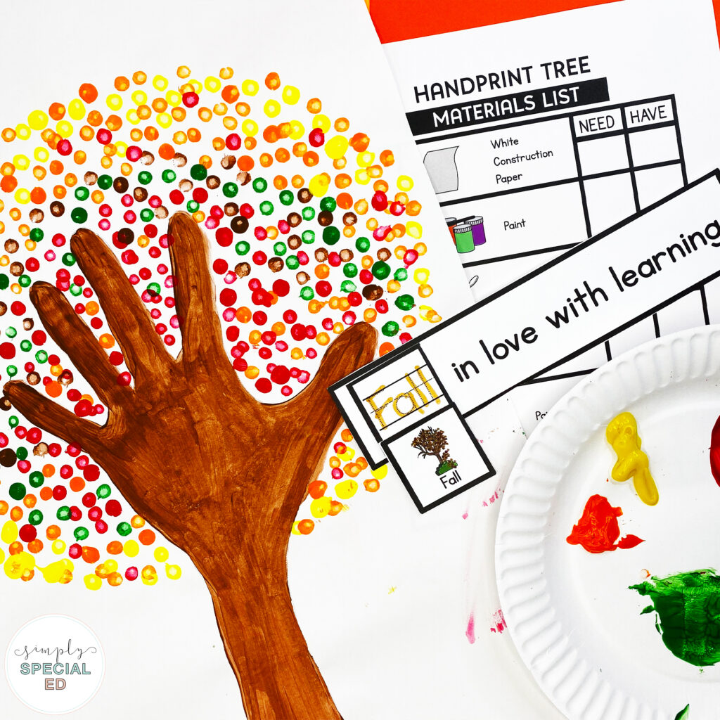 sample of the hand print tree craft made with finger and Q-tip painting as part of the September Visual Crafts resource