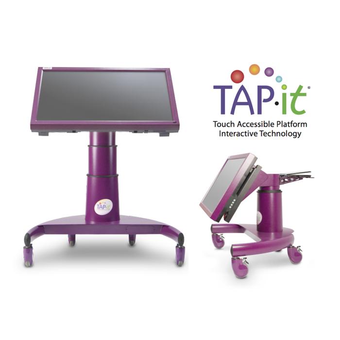 image of a large touch screen device on wheels that is purple.