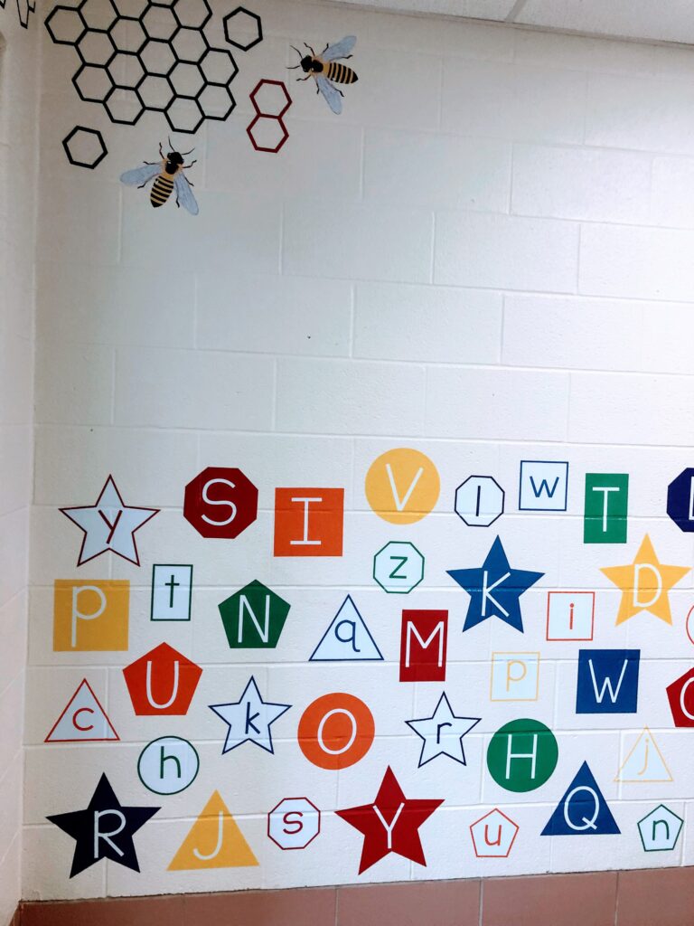 picture of an example sensory path with different shapes with upper and lowercase letters on the wall