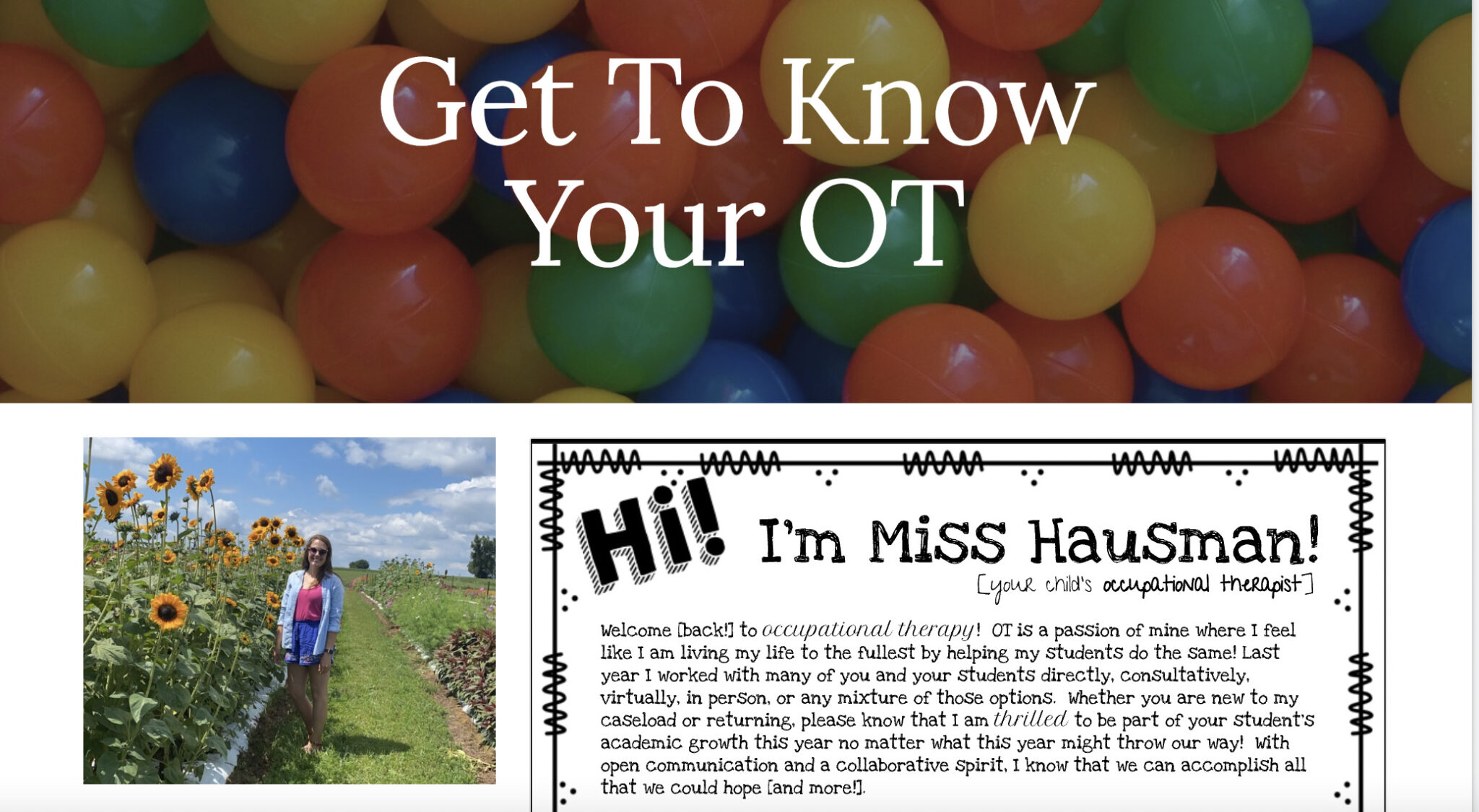 a screenshot of the author's website including part of a welcome letter next to a photo of her next to a sunflower field.  The heading above has a rainbow ball pit in the background and the title: 