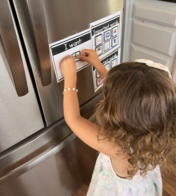 This is a picture of a girl using a communication board to say what she wants