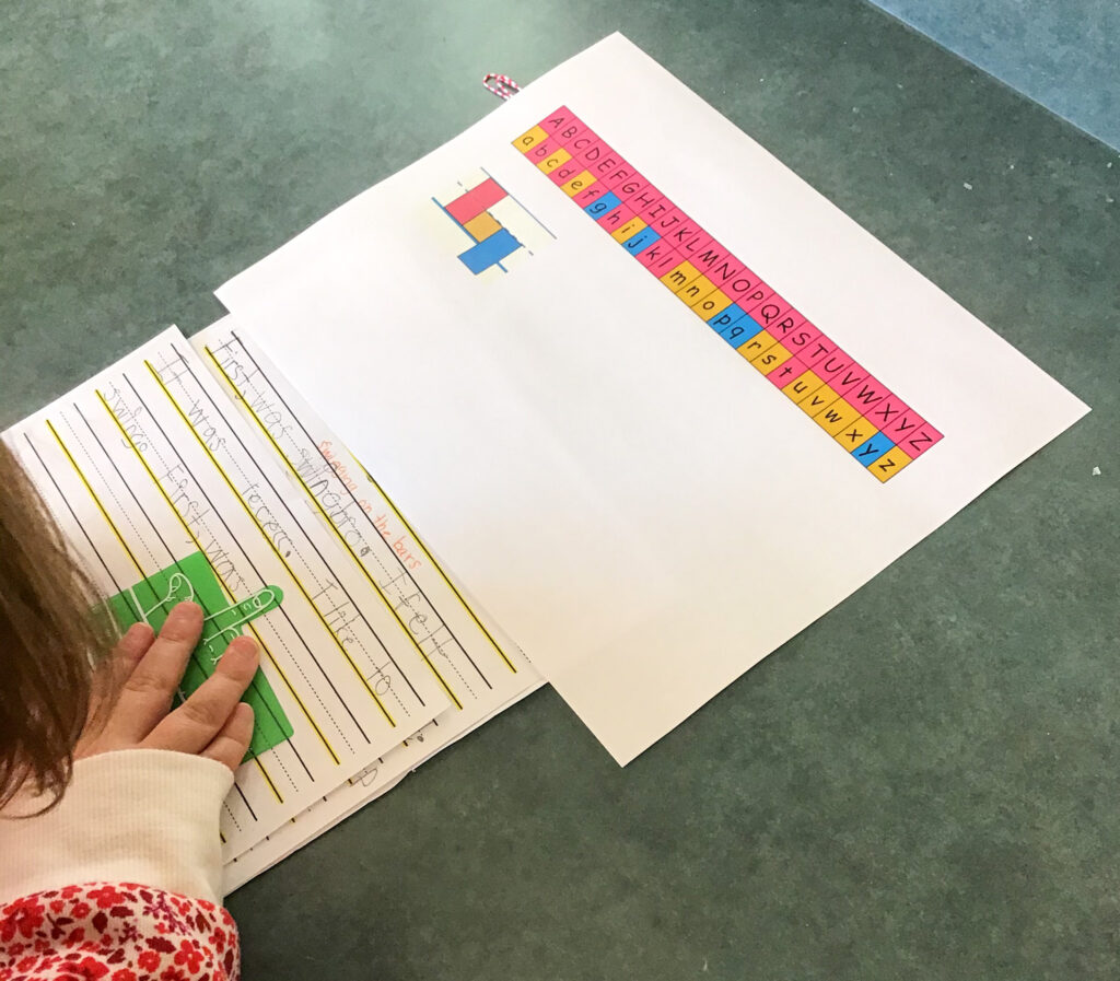student using a green finger spacer manipulative and a color coded letter sizing alphabet strip to write on adapted three lined paper with a highlighted baseline