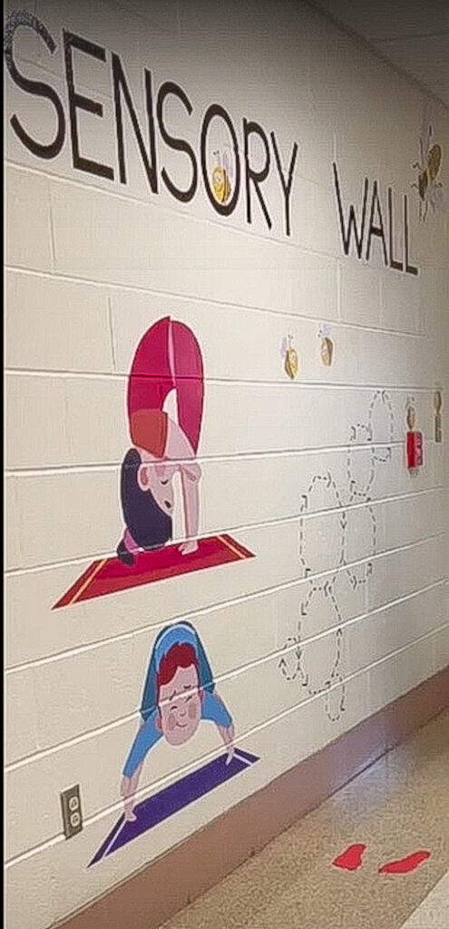 portion of a sample sensory wall with the term "sensory wall" above visuals of students doing yoga [forward fold and wide leg forward fold] and a breathing maze