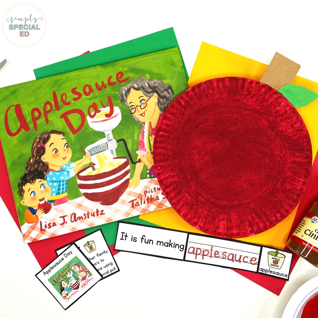 Let’s take a look at some adapted activities included in the Applesauce Day Book Companion that are great to pair with this read aloud. 