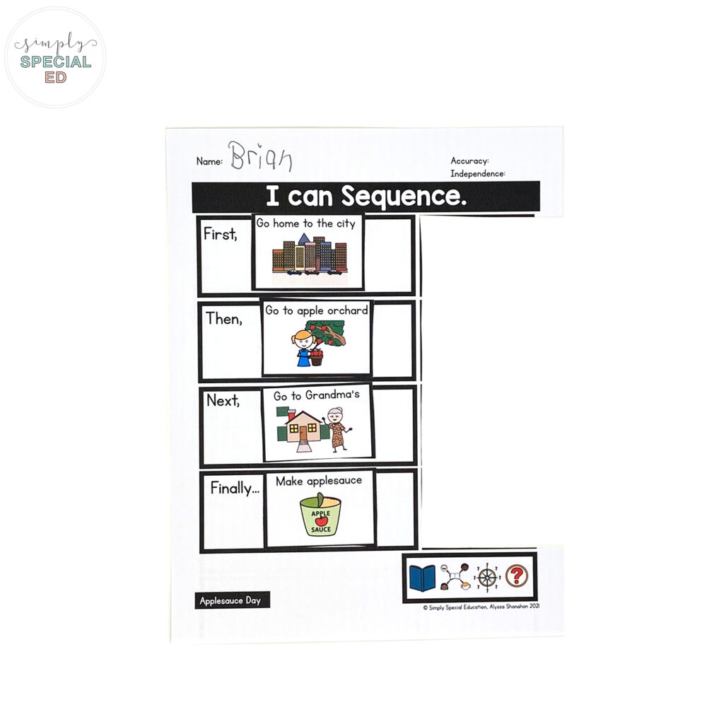 Let’s take a look at some adapted activities included in the Applesauce Day Book Companion that are great to pair with this read aloud. 