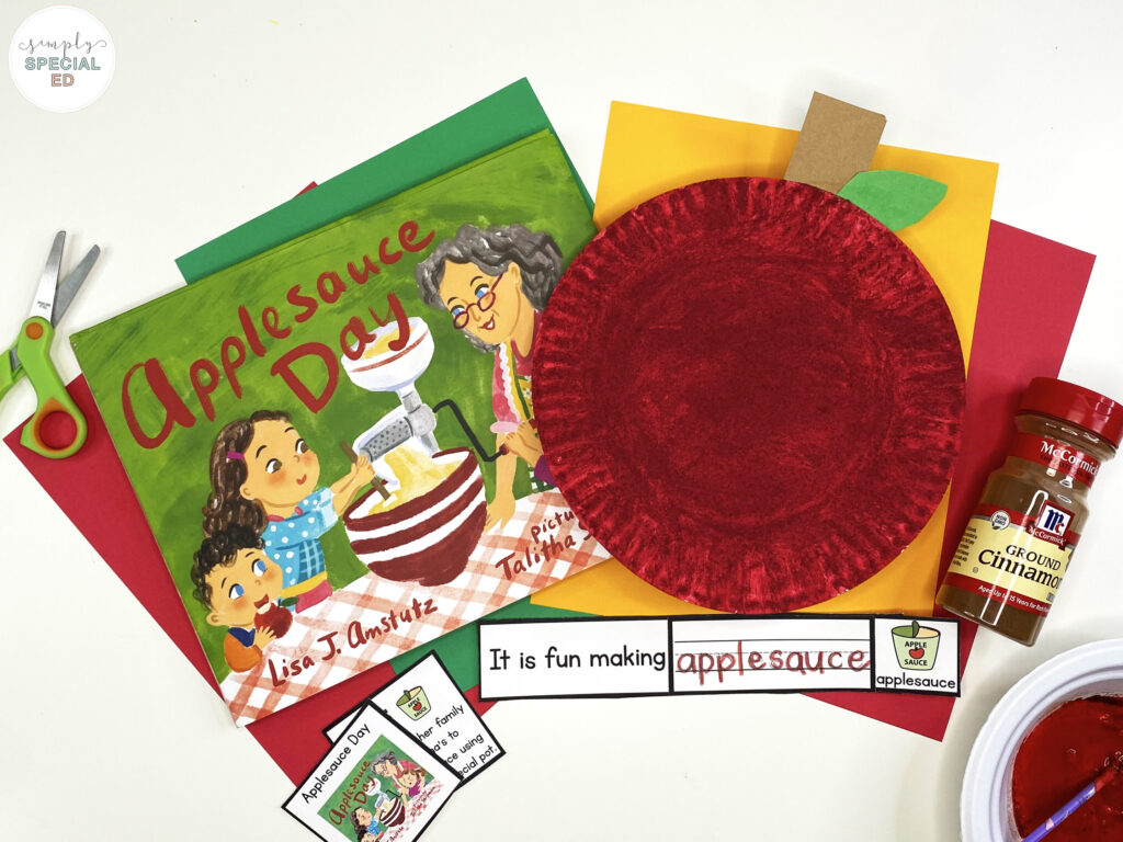 Let’s take a look at some adapted activities included in the Applesauce Day Book Companion that are great to pair with this read aloud. 