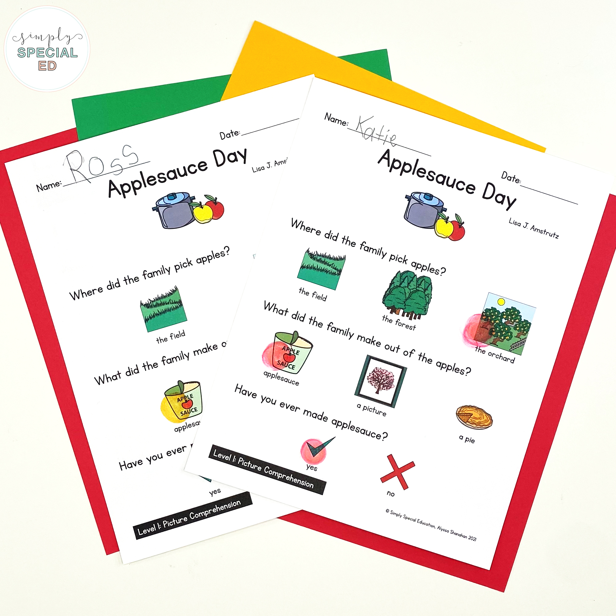 Let’s take a look at some adapted activities included in the Applesauce Day Book Companion that are great to pair with this read aloud. 