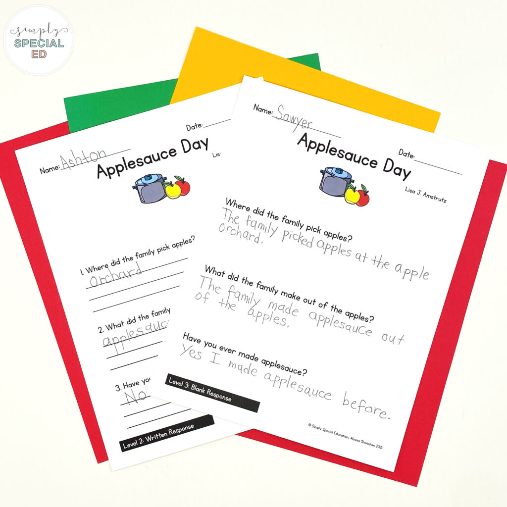 Let’s take a look at some adapted activities included in the Applesauce Day Book Companion that are great to pair with this read aloud. 