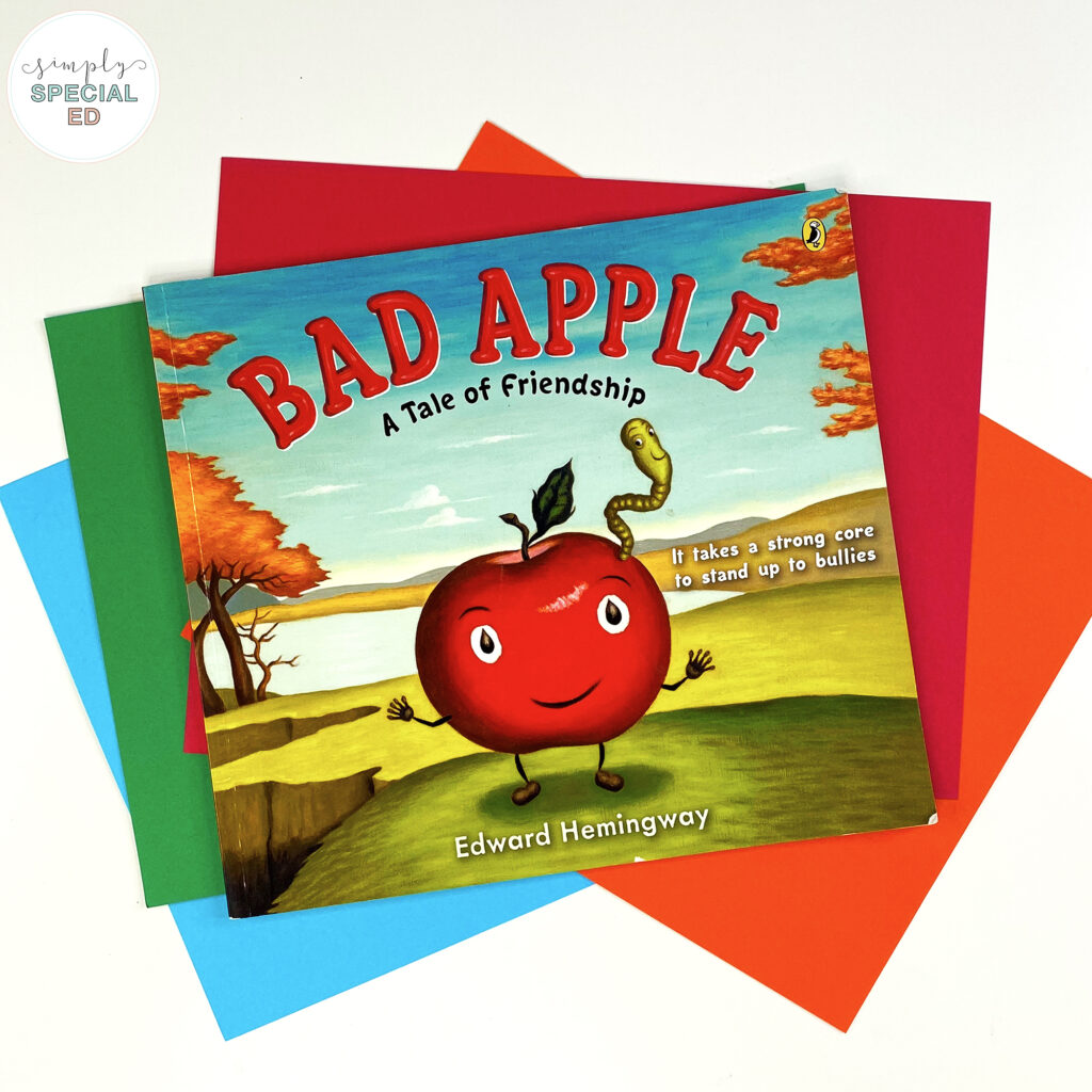 Let’s take a look at some adapted activities included in the Bad Apple Book Companion that are great to pair with this read aloud. 