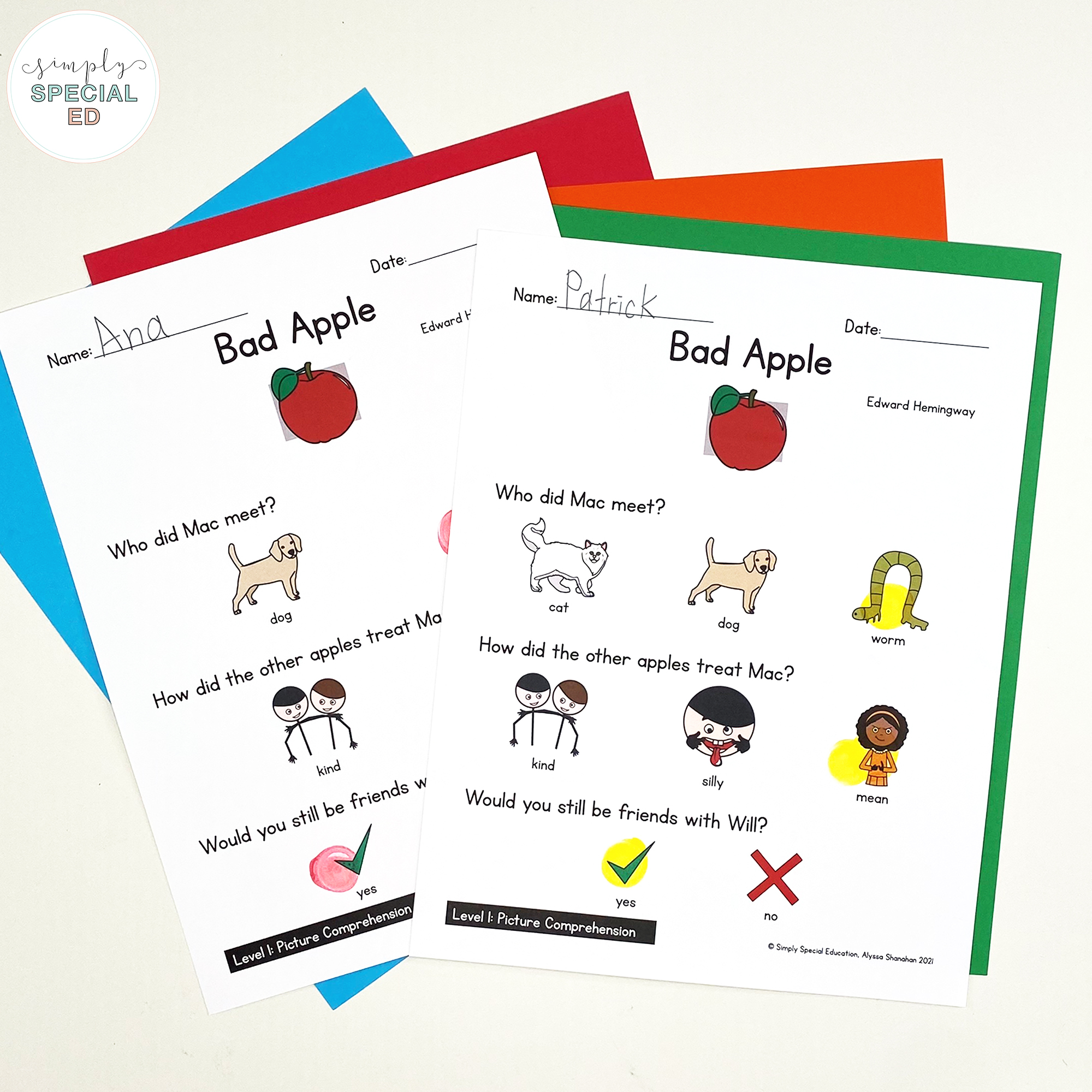 Let’s take a look at some adapted activities included in the Bad Apple Book Companion that are great to pair with this read aloud. 