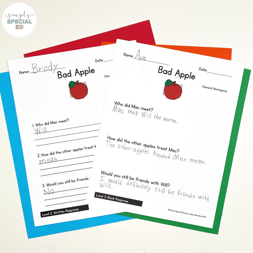Let’s take a look at some adapted activities included in the Bad Apple Book Companion that are great to pair with this read aloud. 