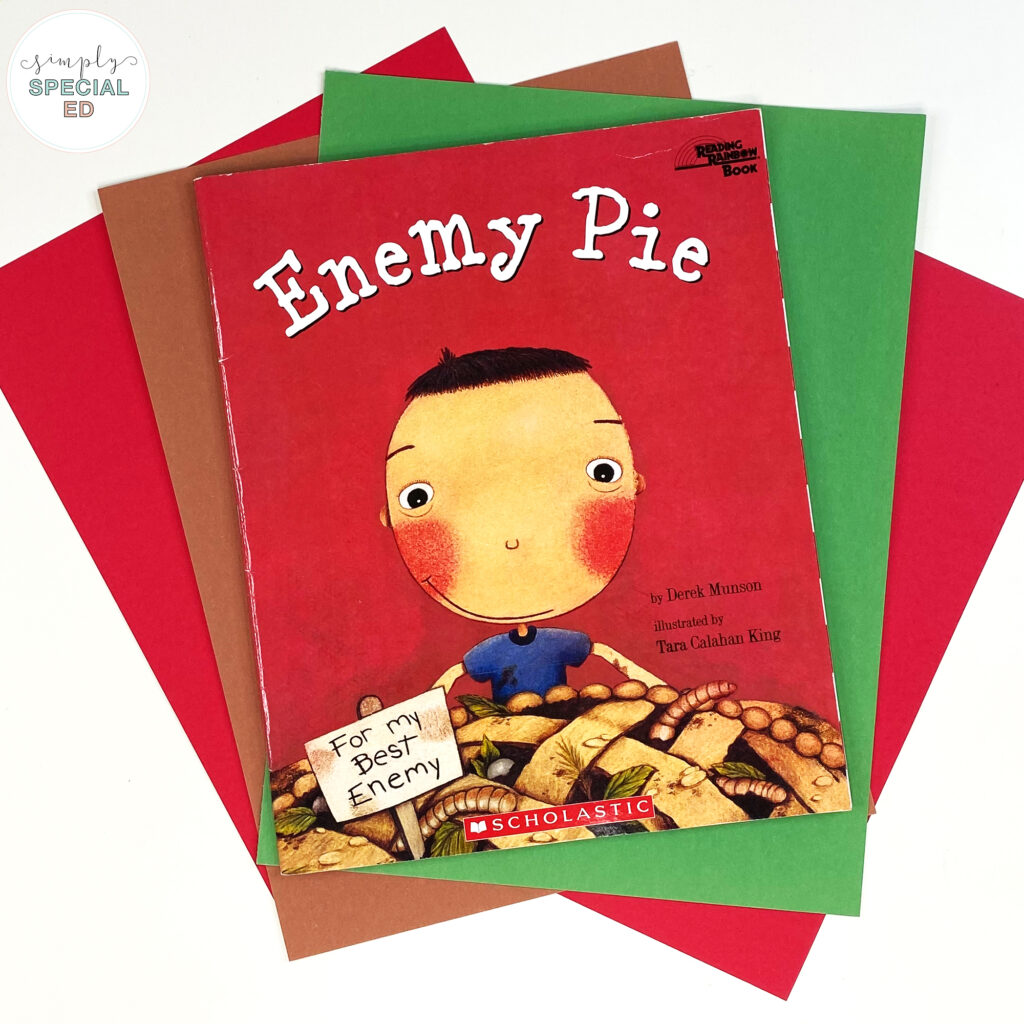 Let’s take a look at some adapted activities included in the Enemy Pie Book Companion for special Education! 