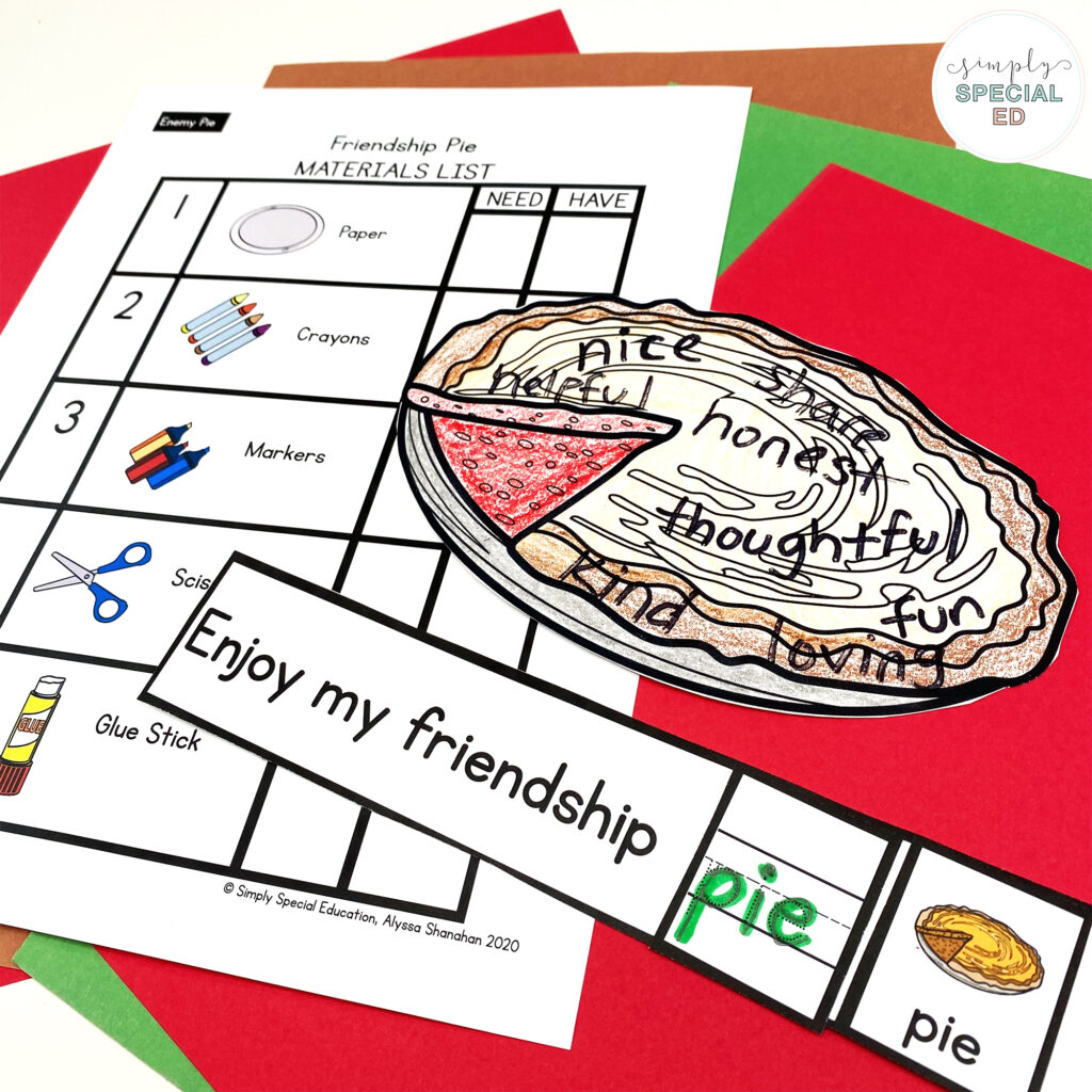 Let’s take a look at some adapted activities included in the Enemy Pie Book Companion for special Education! 