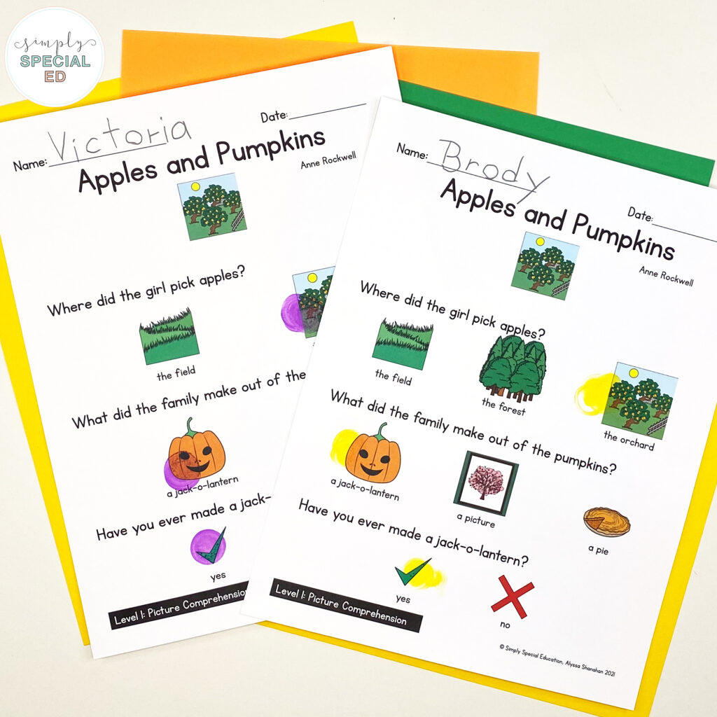 Let’s take a look at some activities included in the Apples and Pumpkins Book Companion that are great to pair with this read aloud. 