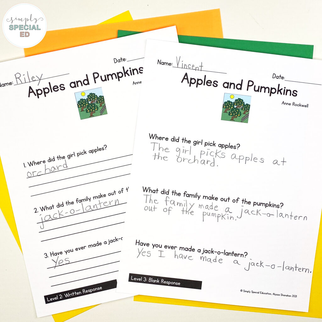 Let’s take a look at some activities included in the Apples and Pumpkins Book Companion that are great to pair with this read aloud. 