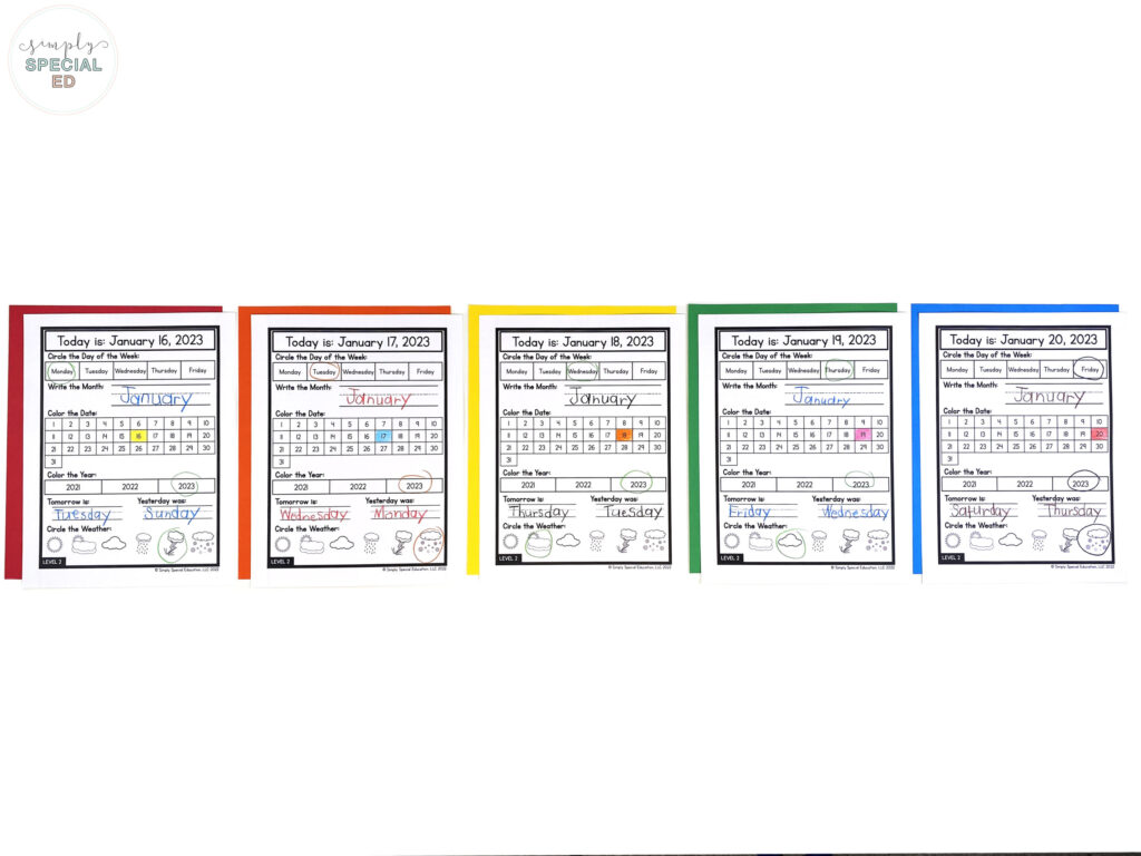 Daily Calendar Worksheets are a great way to review the calendar routine with your students at their own level and check for understanding.