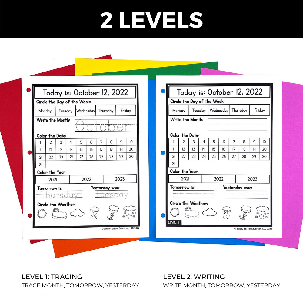 Daily Calendar Worksheets are a great way to review the calendar routine with your students at their own level and check for understanding.