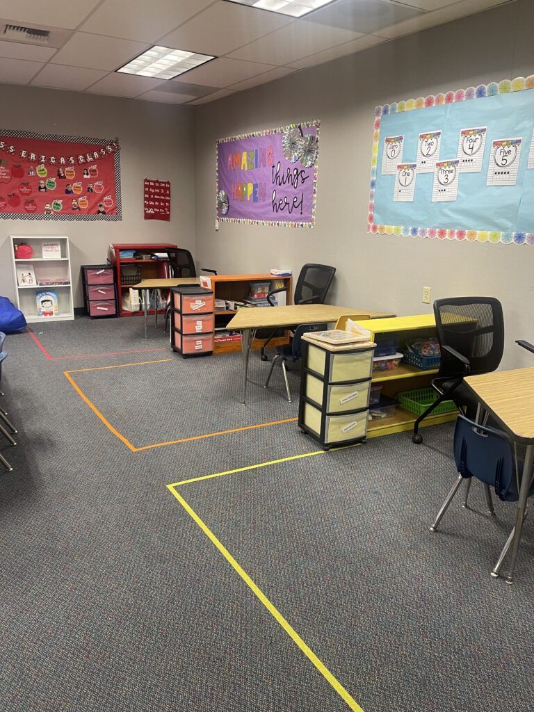 elementary mod/severe classroom tour, showing an example of color coded academic centers.