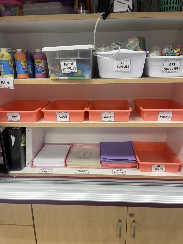 supply organization for prep materials such as glute, laminate, velcro, and file folders. 