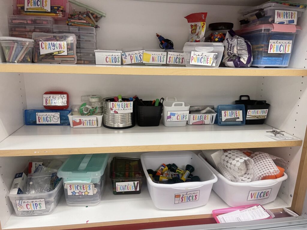 classroom supplies organized and labeled to make access and clean up easier.