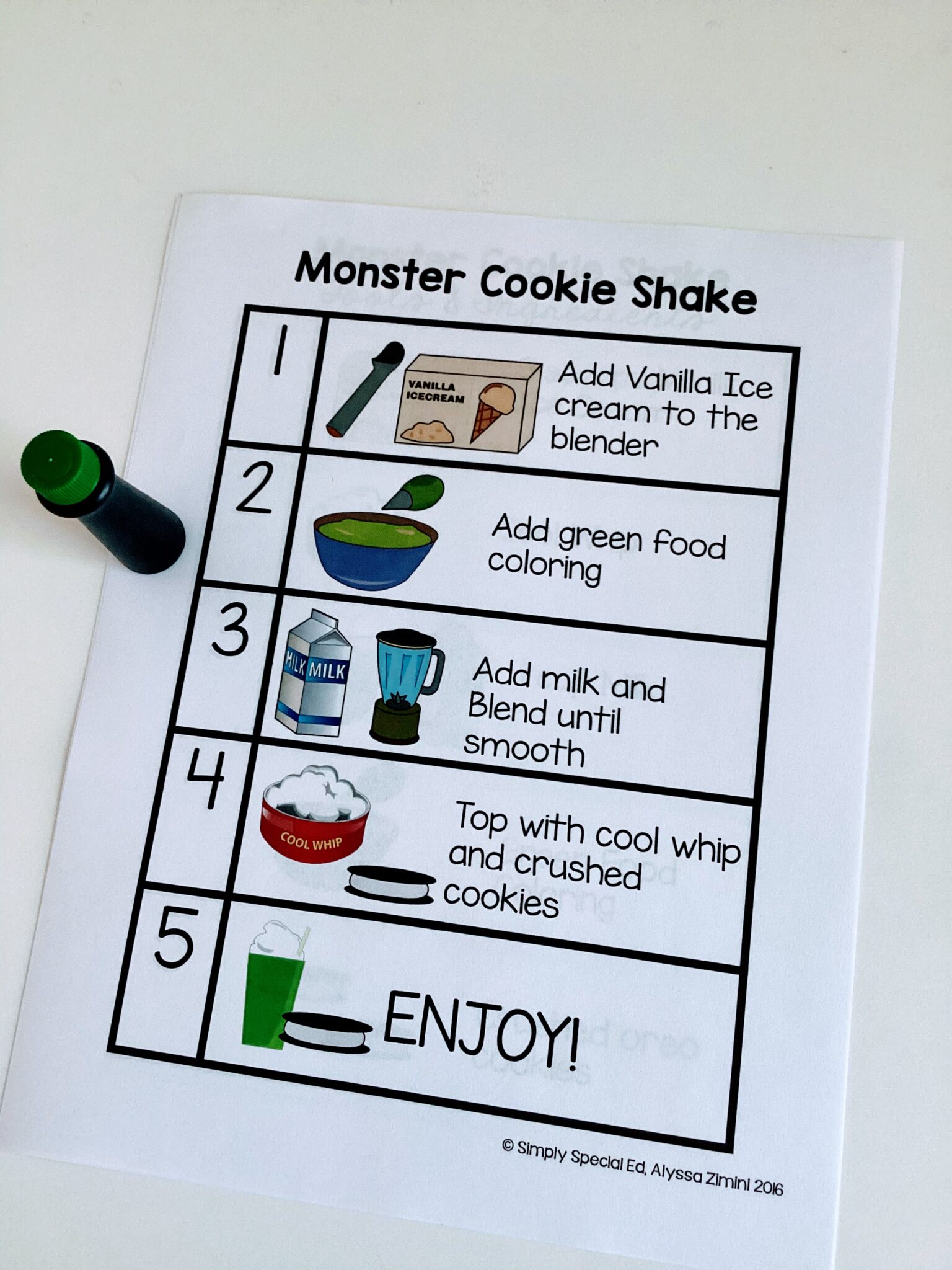 the monster cookie shake recipe with a food coloring dropper next to it