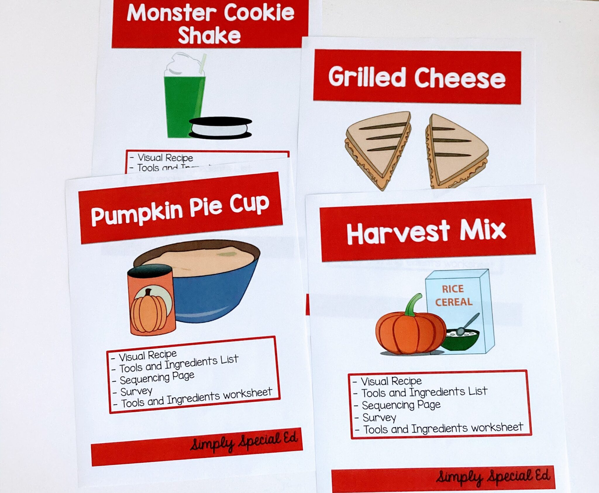 the cover pages of the visual recipes for October: monster cookie shake, grilled cheese, pumpkin pie cup and harvest mix