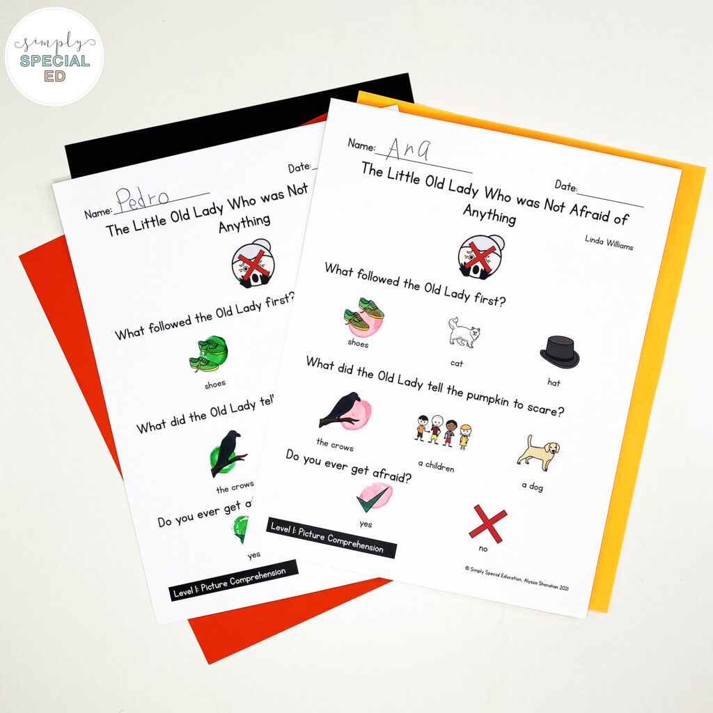 Let’s take a look at some adapted activities for The Little Old Lady Who Was Not Afraid of Anything that are great to pair with this book. 