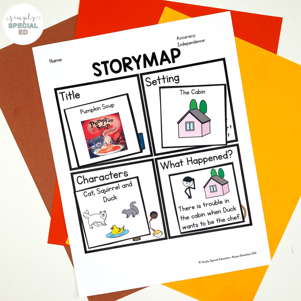 Let’s take a look at some adapted activities included in the Pumpkin Soup Book Companion for your special education classroom.
