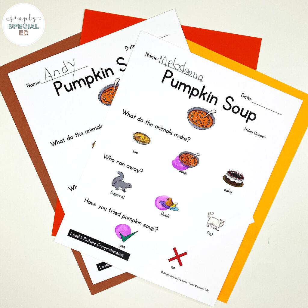 Let’s take a look at some adapted activities included in the Pumpkin Soup Book Companion for your special education classroom.