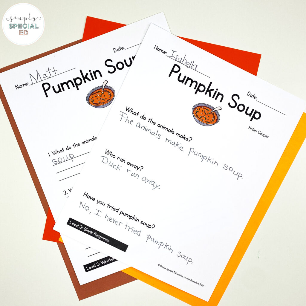 Let’s take a look at some adapted activities included in the Pumpkin Soup Book Companion for your special education classroom.