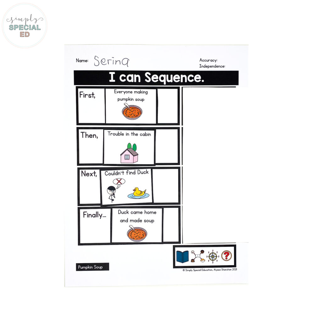 Let’s take a look at some adapted activities included in the Pumpkin Soup Book Companion for your special education classroom.