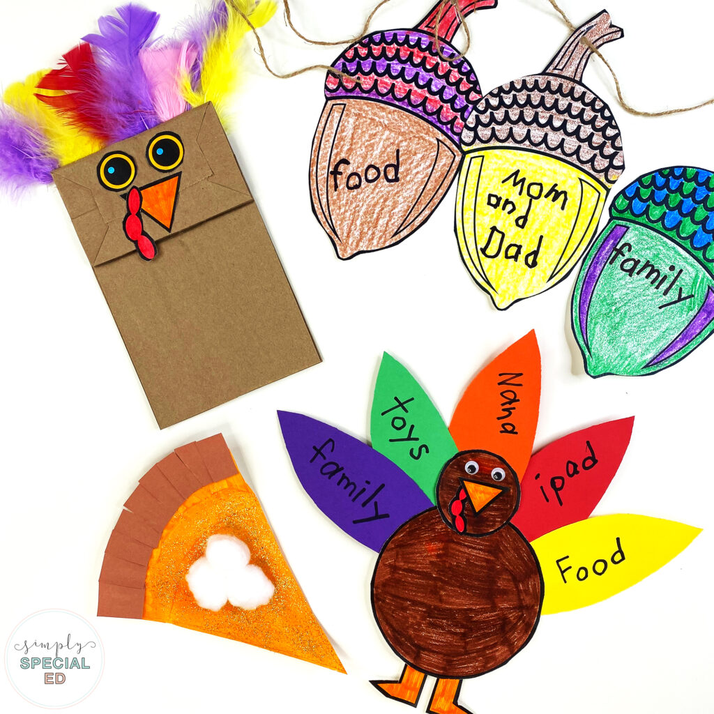 pictures of completed November/thanksgiving crafts that can be used to decorate your room for parent teacher conferences [paper bag turkey, thankfulness acorns, thankfulness turkey and paper plate pumpkin pie]