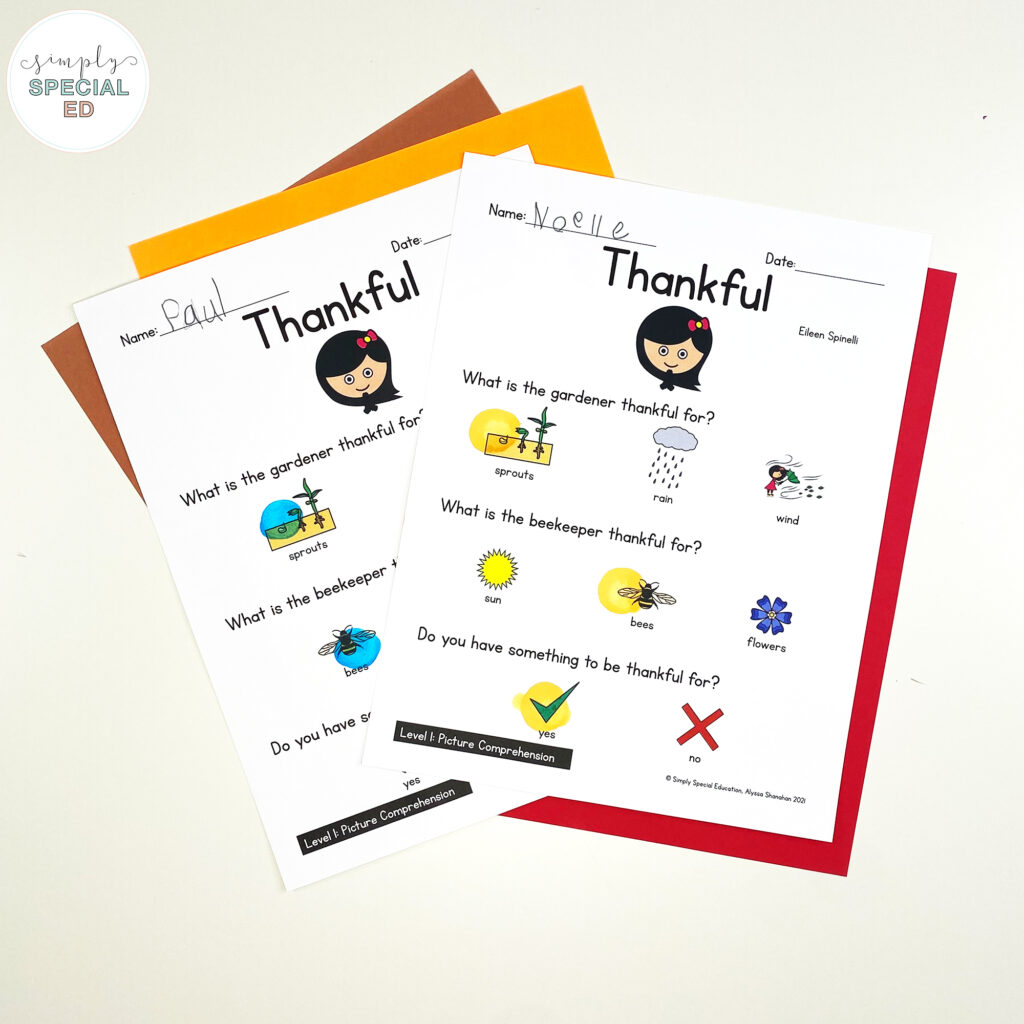 Thankful is the perfect read aloud book for thanksgiving. Learn about adapted activities for Thankful for your special education classroom.