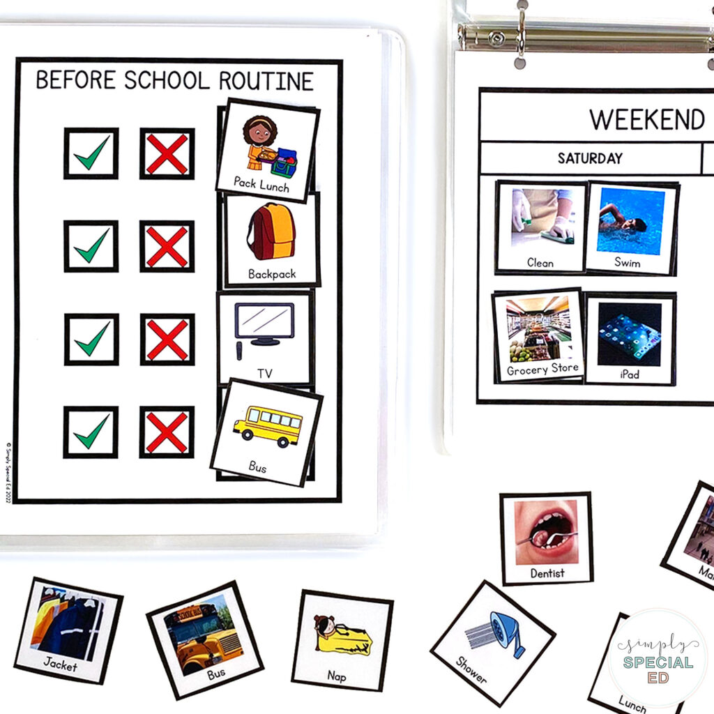 Before School Routine velcro visual schedule with check lists and Xs.  Pack lunch, backpack, tv, bus is shown on the right hand side.  Other weekend activity pictures like cleaning, swimming, grocery shopping and iPad are shown.