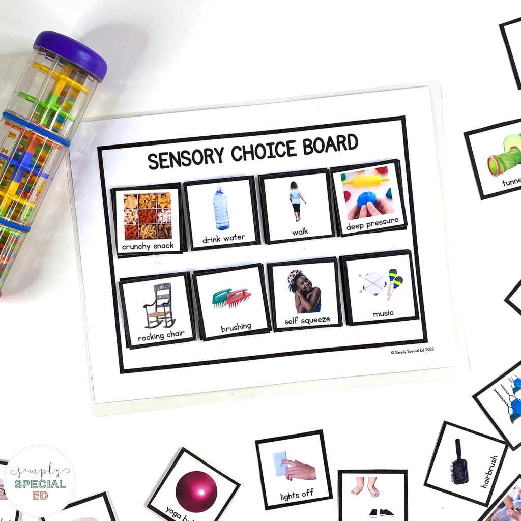 sensory choice board from the Simple Sensory Self-Regulation Toolkit resource with crunchy snack, drink water, walk, deep pressure, rocking chair, brushing, self squeeze and music listed