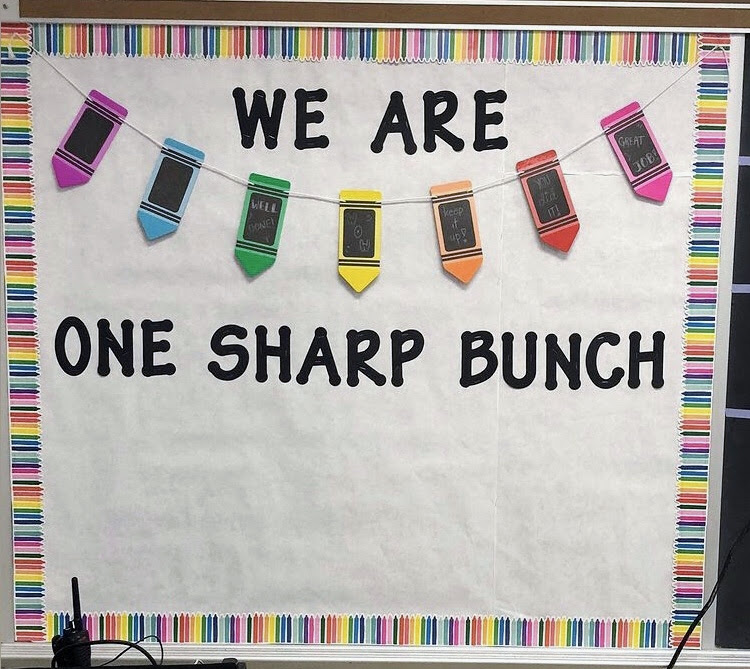 bulletin board with "We Are One Sharp Bunch" as the heading with colorful pencil banner and border. There is space at the bottom to hand student work