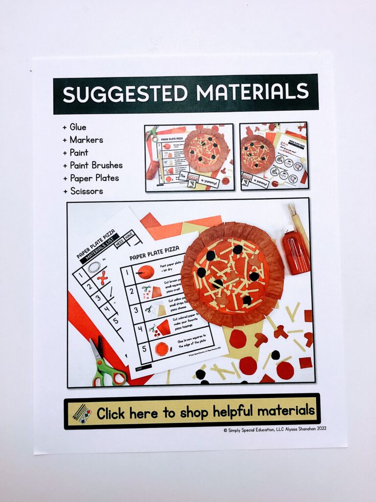 Suggested materials for the pizza visual recipe