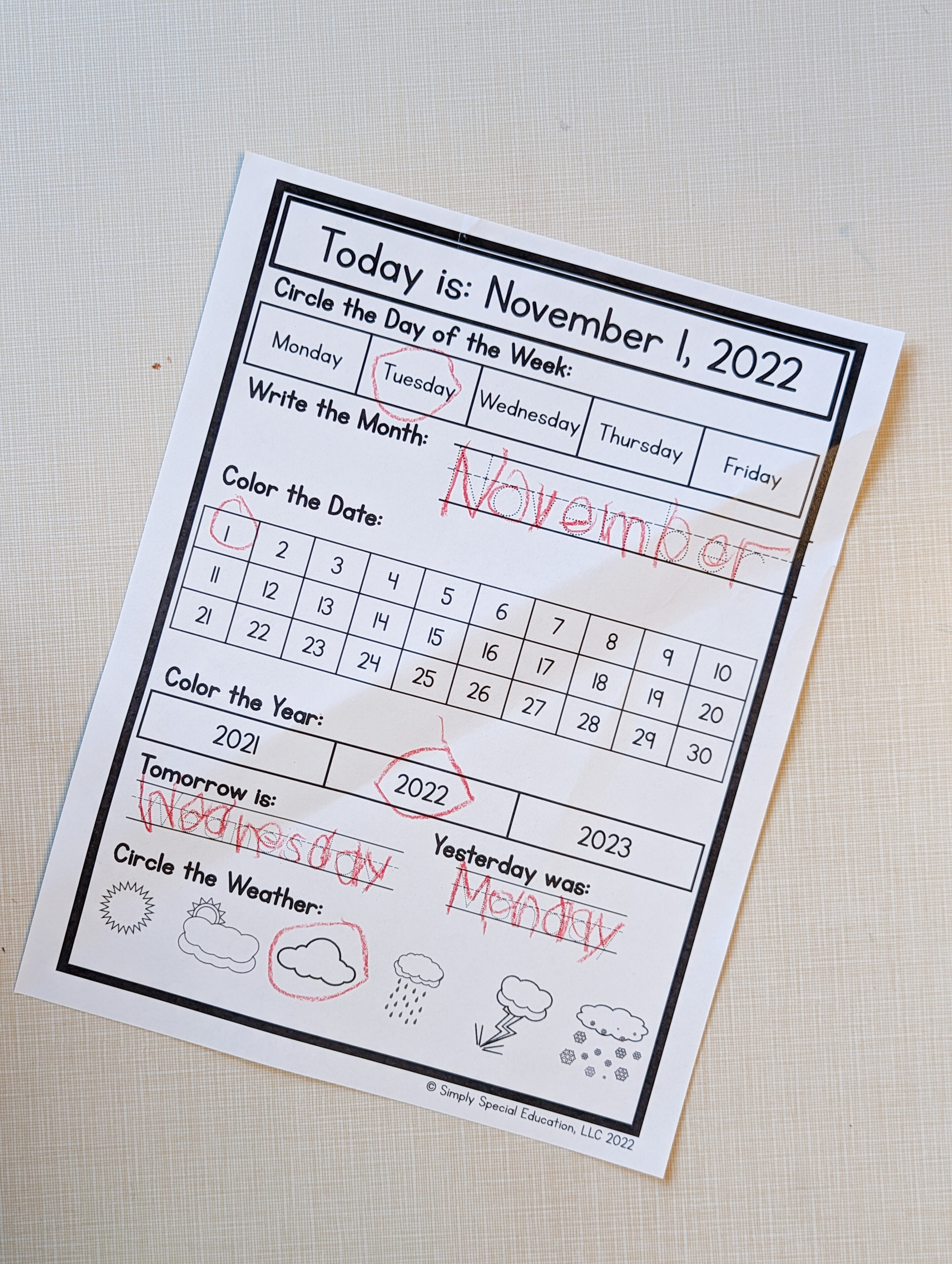 morning routine: daily calendar worksheets