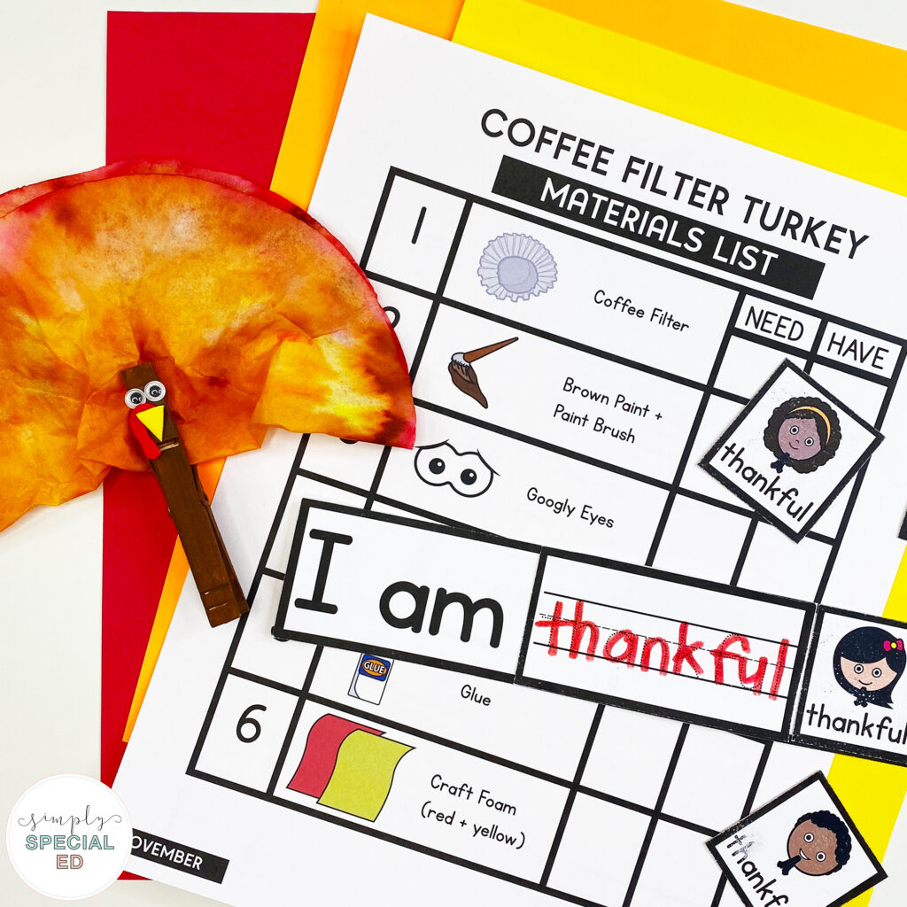 Simple visual thanksgiving crafts for special education students with real picture visual directions and adapted materials!