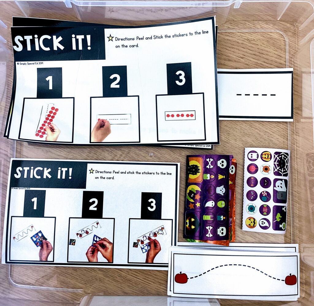 stick it original and fall fine motor center in the same bin with Halloween stickers