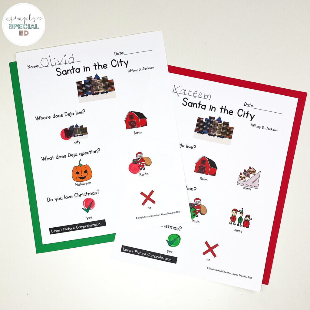5 book activities for Santa in the City for your special education classroom. The activities are adapted for special education.